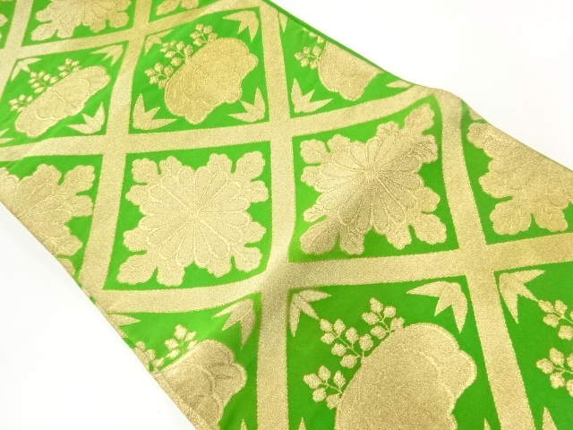 JAPANESE KIMONO / ANTIQUE FUKURO OBI / SILK / WOVEN TASUKI LATTICE & KIKU & PAULOWNIA